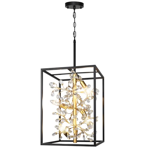CNRATYE Large Black and Gold Lantern Chandelier, 4-Light Modern Farmhouse Pendant Lighting for Kitchen Island, Rustic Hanging Cage Light Fixture for Dining Room Entryway Living Room Hallway