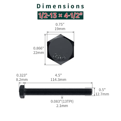 Image of 1 /2-13 x 4-1 /2 inch Hex Bolts with Nuts and Washers (4 Sets), 18-8 (304) Stainless Steel, External Hex Drive, Black Oxide Coated Hexagon Head Bolts Screws, Fayeploo
