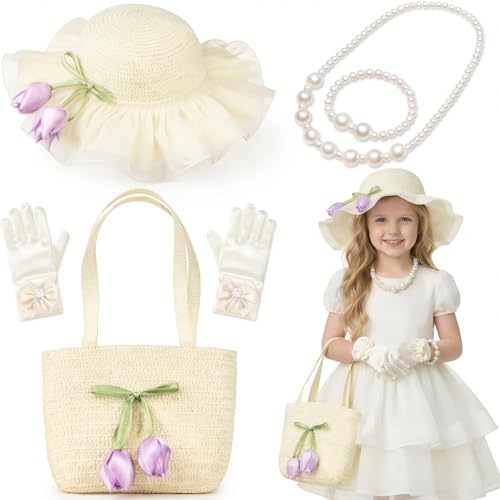 Tradder 5pcs Girls Tea Party Hat Accessories Set Tea Party Straw Hat and Glove Pearl Necklace Handbag Princess Dresses Outfit(White Tulip)