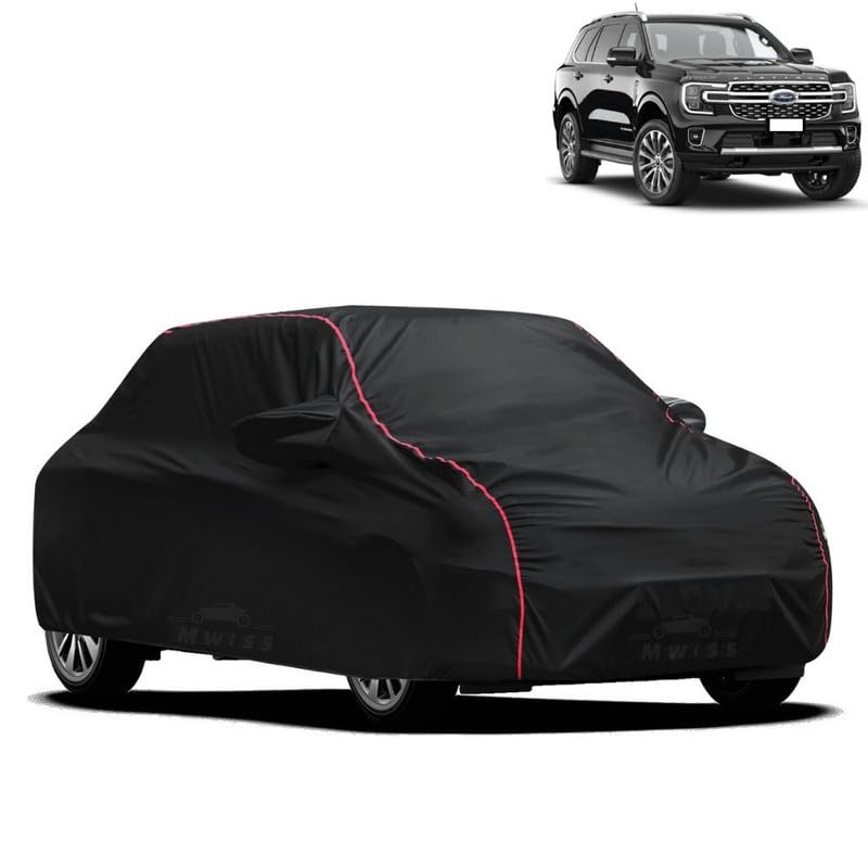 Image of Waterproof Car Cover for Ford Endeavour | All-Weather Protection, Dustproof & UV Resistant | Triple Stitched Mirror Pockets, Windproof Buckle Strap with Elastic Hem, Black-Red Piping