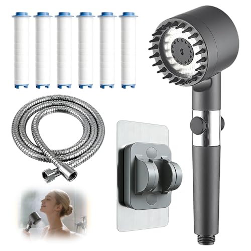 Pommeau de Douche Haute Pression Anti-Calcaire avec 6 Filtres, Économie d'Eau, 3 Modes de Jet et Bouton Stop - Kit Complet avec Flexible 1,5m et Support...