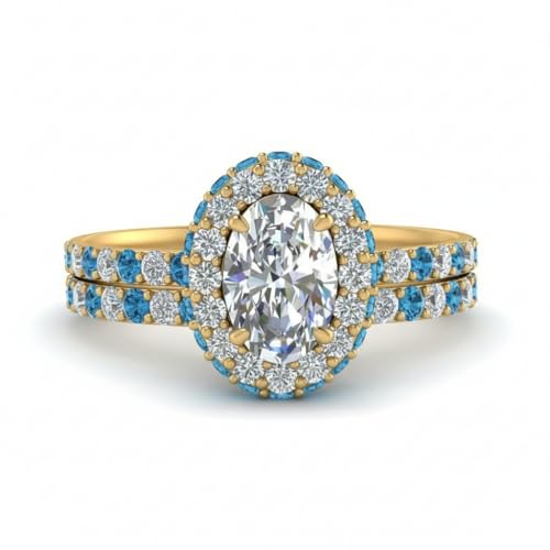 Image of Choose Your Gemstone Oval Halo Rollover Diamond CZ Wedding Ring Yellow Gold Plated Oval Shape Wedding Ring Sets Matching Jewelry Wedding Jewelry Easy to Wear Gifts US Size 4 to 12