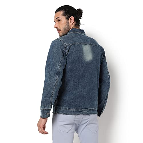 Image of Campus Sutra Men's Medium-Washed Blue Regular Fit Denim Jacket For Winter Wear | Collared Neck | Full Sleeve | Buttoned | Casual Denim Jacket For Man | Western Stylish Denim Jacket For Men
