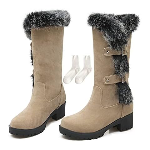 THUCHENYUC Furry Boots Plus Cotton Suede Boots Warm Winter Snow Boots Thick-Soled Mid-Boots For Women With Socks (Color : Beige, Size : 4) Cover