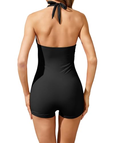 Tempt Me Women Black Tummy Control One Piece Swimsuits With Shorts Boyleg Retro Bathing Suit Halter Swimwear S thumb #1