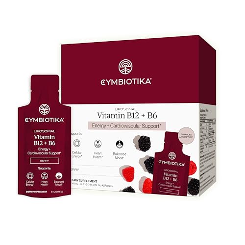 CYMBIOTIKA Liposomal Vitamin B12 + B6 Liquid Supplement Cellular Energy Brain Health Heart Health + Nerve Function Support Enhanced Absorption Gluten Free Soy Free Plant-Based 28 5 mL Packets