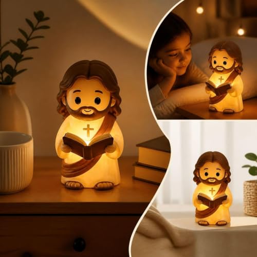 Little Jesus Figures Night Light, Lighted Jesus Lamp with Reading Bible - image 4