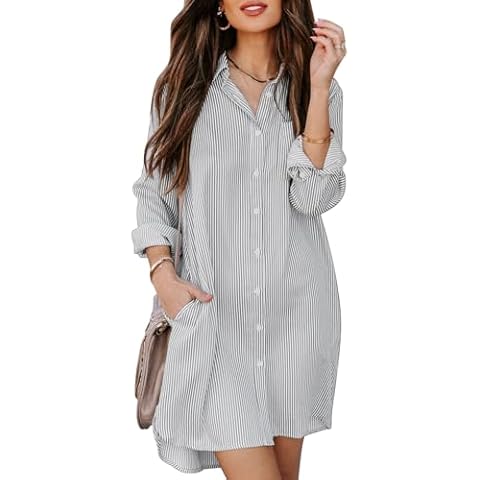 Aoudery Womens Button Down Shirt Dresses with Pockets Cotton Shirts Collared Tunics Long Sleeve High Low Blouse Tops-Light Gray XL Cover