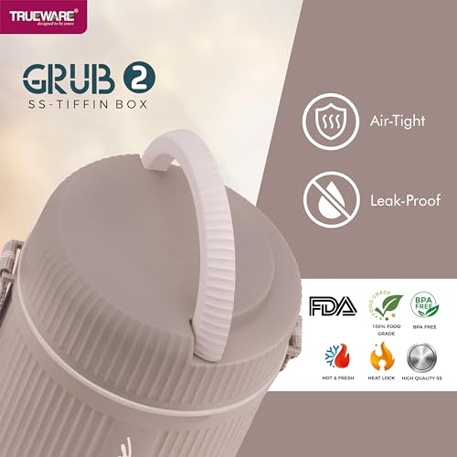 Image of Trueware GRUB 2 Double Wall Insulated Hot Lunch Box with 2 SS Container 300 ML Each & 1 SS Container 200ML | Bpa Free | Food Grade | Hot and Fresh Ma (LBI-GRB-002-Peach BAZ)