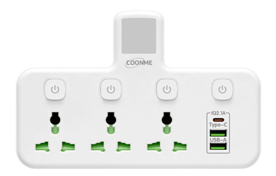 Coon ME 6-in-1 Power Strip with Night Light, 3 AC Outlets, Type-C Fast Charger, 3 USB Ports, Triple UK Plug Extender, Surge Protector Extension for Home, Office, Kitchen Accessories