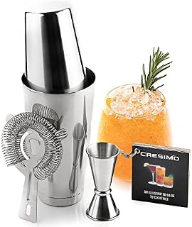 Boston Cocktail Shaker Set: 4pc Cocktail Making Set w/ Cocktail Book, Stainless Steel Cocktail Set w/ 530mL Unweighted & 850mL Weighted Boston Shaker, Jigger & Cocktail Strainer for Home Bar - Cresimo