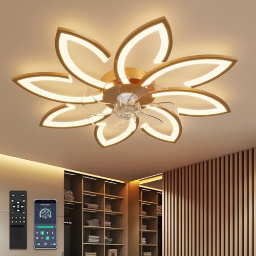 YUNLONG 90cm Ventilador de Techo con Luz y Mando a Distancia Led Lampara Ventilador Techo Silencioso Regulable Motor DC Reversible 6 Velocidades Ceiling Fan with Light para Dormitorio Cocina,Dorado