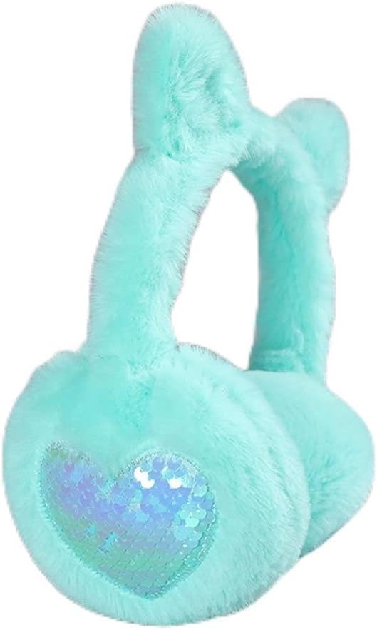 Green Warm Cute Winter Cat Earmuffs Shiny Bright Sequined Headband Soft Fluffy