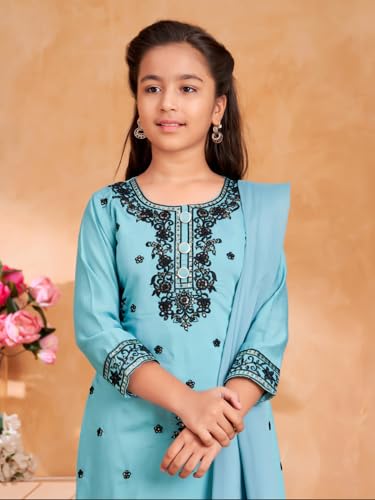 Image of Aarika Girls Ethnic Wear Sea Green Colour Thread Sequin Embroidery Kurti Pant Set With Dupatta