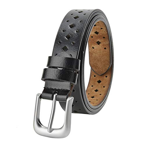 TEAMMAO Ceinture Femme Véritable Cuir Ceinture 110CM-170CM Taille Régulière et Grande Ceinture 30mm de Large Affaires Mode Creux Jeans Robe Femme Ceinture.(150CM, Noir)