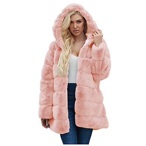 Faux-Fur Jacket Warm Pure Color Hooded Jacket Women Hooded Outerwear Winter Solid Coat With Pocket Fashion Pink