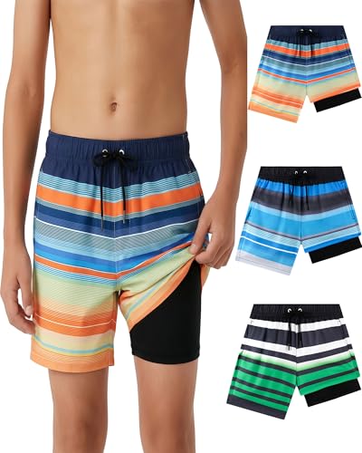 Todbiccz 1-3 Pack Boys Swim Trunks with Compression Liner 4-Way Stretch