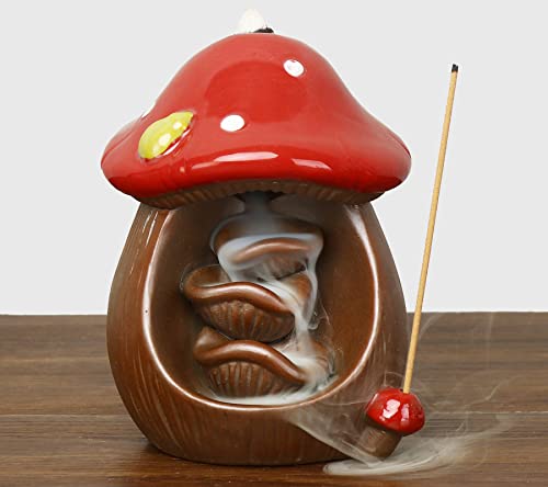 Oursky Mushroom Backflow Incense Holder Ceramic Incense Burner With 10 Incense Cones+30 Incense Sticks+Tweezer Waterfall Incense Burner For Home Decor Christmas Day Yoga Meditation #TOP6