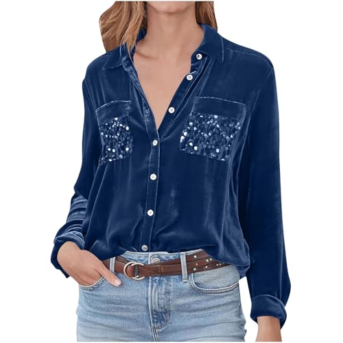 Velvet Tops for Women Sequin Womens Sparkly Shirts Spalkle Top Blouses Button Down Long Sleeve Festival Outfits Ladies Elegant Blouse Holiday Outfit Teachers Evening Party Navy XL