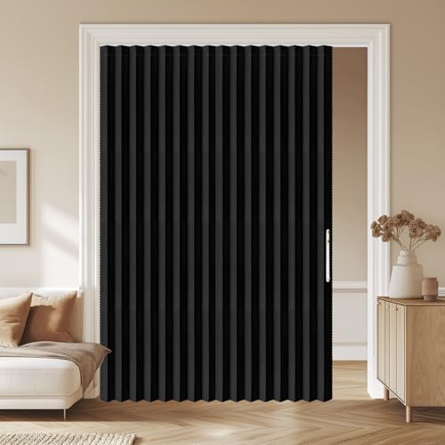 AJAZZ 100% Blackout Sliding Door Curtains for Doorways, Accordion Doors for Doorway, Magnetic Door Curtain for Bedroom Living Room Doorway Curtain Sets Included Tracks (1 Pack, 72W x 79 L, Black)