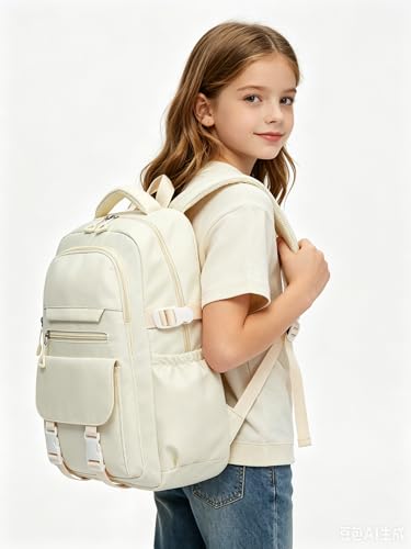 Image of Kids High Middle School Backpack for Girls 5-12 Kawaii Travel Aesthetic Bookbag,Beige