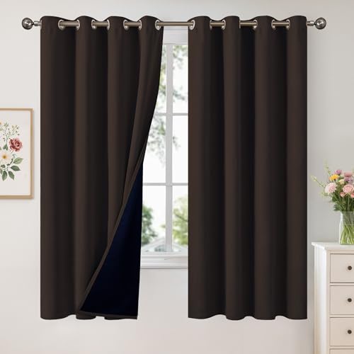 Image of YoungsTex Dark Brown 100% Blackout Curtains 63 Inch Length, Room Darkening Drapes with Liner for Bedroom Window Thermal Insulated, 2 Panels, 52 X 63 Inch