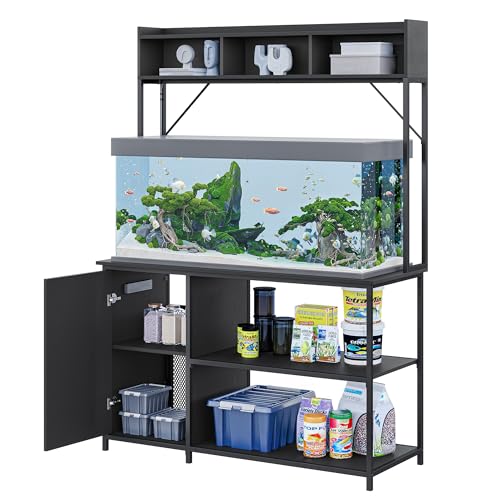 Image of BELLEZE 55-90 Gallon Aquarium Stand with LED Lights, Fluted Cabinet for Fish Tank Accessories Storage, Heavy Duty Metal & Power Outlets, 1200 LBS Capacity, Turtle Tank Reptile Terrarium, Black Ebony