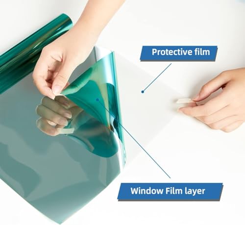 Image of CREON One Way Window Film, Privacy Window, UV Blocking, Non-Adhesive Static Cling Heat Control Reflective Glass Film for Home and Office 20x55 (Inch), Slvr-Green