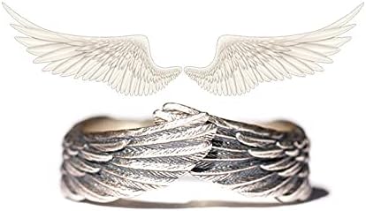 Hug Wings Angel Feather Retro Copper Open Adjustable Guardian Ring - Vintage White Silver Wedding Band for Women Men Lovers Friends Gifts