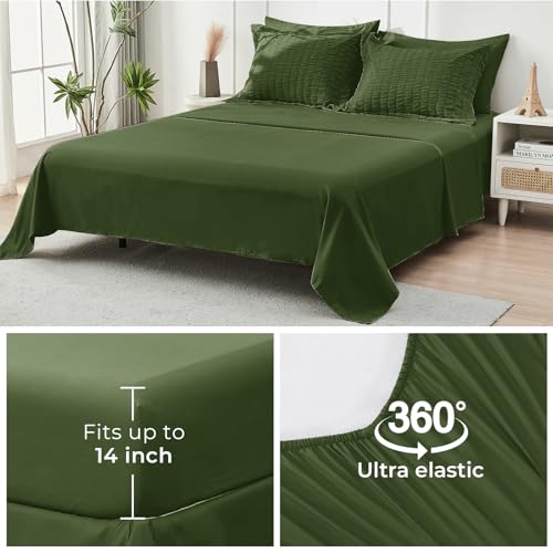 Image of HYMOKEGE Olive Green Oversized King Comforter Set Seersucker 7 Pieces, All Season Luxury Bed in a Bag for Bedroom, Bedding Set with Comforter, Sheets, Pillowcases & Shams