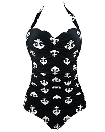 Retro 50s Pin Up Halter Una Pieza Traje de Baño Monokinis Mujer Negro M