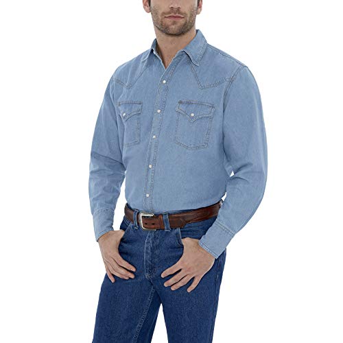 ELY CATTLEMAN Men's Long Sleeve Bleach Washed Denim Shirt