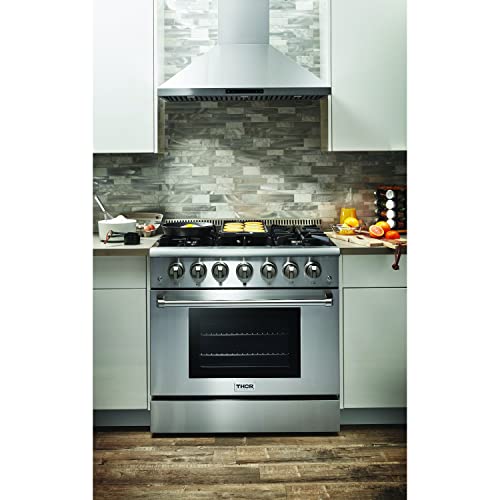 Thor Kitchen Hrg3618U 36 In. Freestanding Professional Style Gas Range With 5.2 Cu. Ft. Oven, 6 Burners, Convection Fan, Cast Iron Grates, & Blue Porcelain Oven Interior, In Stainless Steel #TOP7