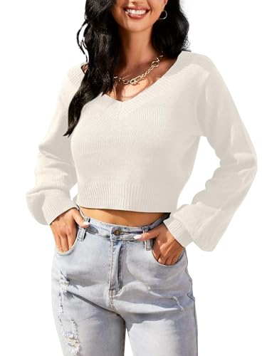 Image of ZAFUL Women's Cropped Sweater V-Neck Long Sleeve Pullover Jumper Knit Top | Crop Length, Ribbed Knit, Double V design, White sweater, Raglan sleeves, lantern sleeve, Fall & Winter, Loose fit, Oversized