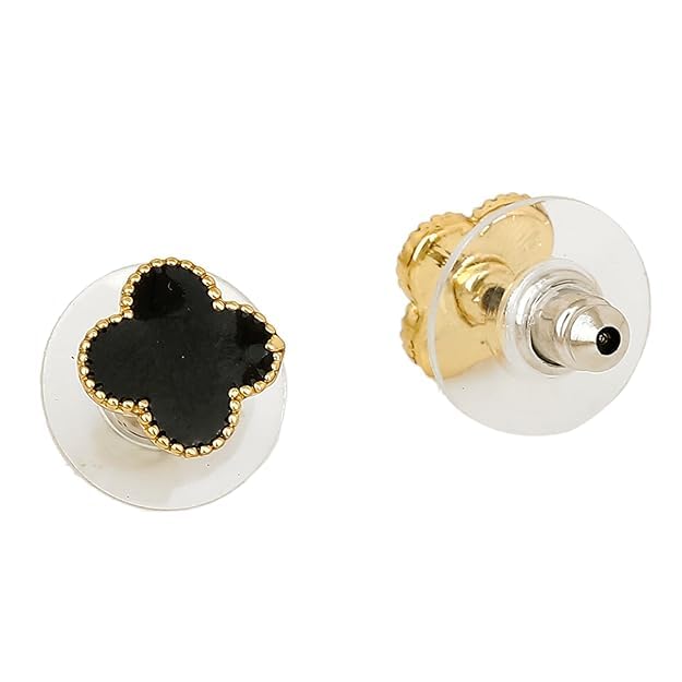 Image of Estele 24Kt Rose Gold Plated Black Enamel Flower Shaped Stud Earrings one size