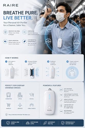 Image of RAIRE M1 Portable Wearable Air Purifier | Personal Air Purifier for Dust, Smoke & Pollution | Fileterless Design | 180-Hour Battery Backup | USB Type-C Rechargeable