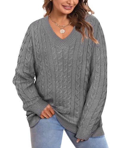 CARCOS Plus Size Sweaters for Curvy Women Long Sleeve Cable V Neck Sweater Knit Pullover Preppy Style Fall Winter XL-5XL