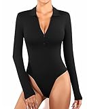 MANGOPOP Zip Up Bodysuit V Neck Collared Long Sleeve Body Suit Polo for Women Ribbed Deep Sexy Going Out Bodysuit Shirts