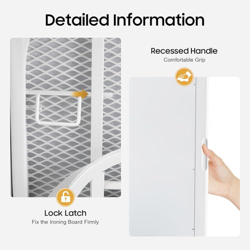 Ropoana Wall Mount Ironing Board Cabinet, Built-in Swivel Ironing Board Foldable with Storage, Wall Hanging with Mirror, Foldable Iron Storage Station for Home, Apartment, Checkrooms, White - Image 8
