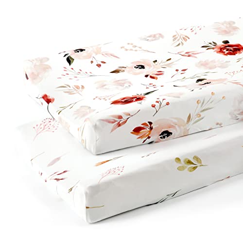 Image of GRSSDER Stretch Ultra Soft Jersey Knit Changing Pad Cover Set 2 Pack, Change Table Pad Covers Fit 32"/34" x 16" Pads Safe and Snug, Pretty Watercolor Rose Flora for Baby Girls, Orange Pink