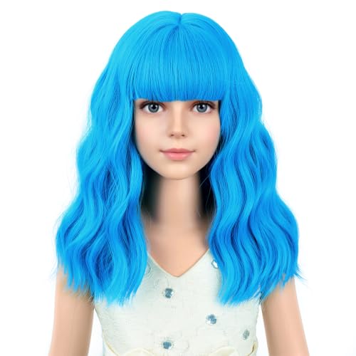 Image of PATTNIUM Girls Blue Short Curly Wavy Wigs with Bangs