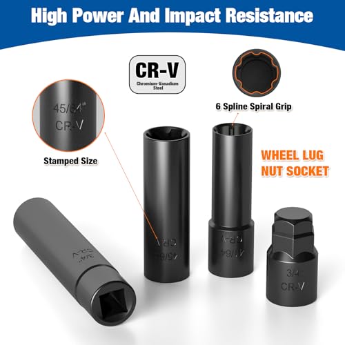 Image of Dynofit Spline Lug Nuts Socket Set (10Pcs) with 1 /2 inch Square Drive for Impact Wrench,for Spline & Hex Wheel Lock Removal,- Fits 5,6,7,10,12 Point Tuner Lug Nuts