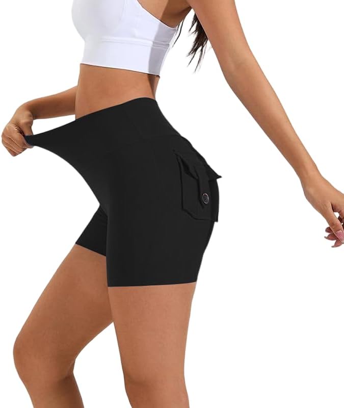 Women's High Waisted Yoga Booty Shorts with Pockets, Grey, High Rise - Image 2