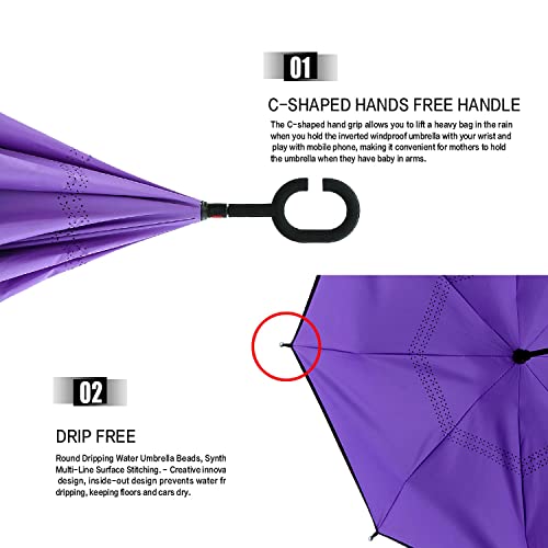 Mrtlloa Windproof Inverted Reverse Umbrella With Uv Protection, C-Shaped Handle Double Layer Stick Umbrella For Rain (Purple) #TOP4