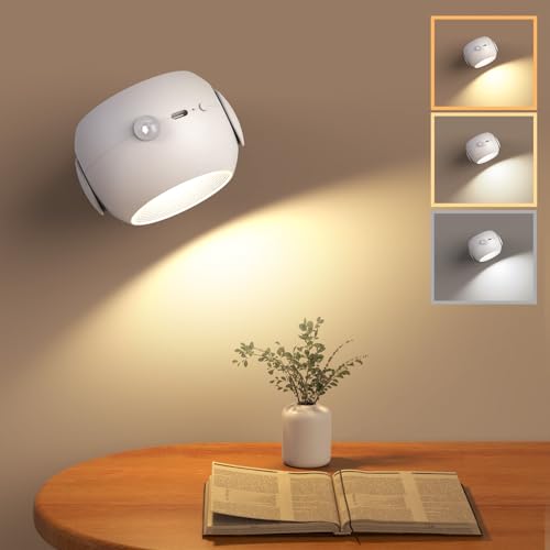 Suright Akku Wandleuchte mit Bewegungsmelder, LED Wandleuchte Innen Wiederaufladbare Helligkeit Einstellbare, 6500K/4000K/3000K, 350° Drehbare Kabellose Wandlampe für Schlafzimmer, Treppe, Flur, Weiß