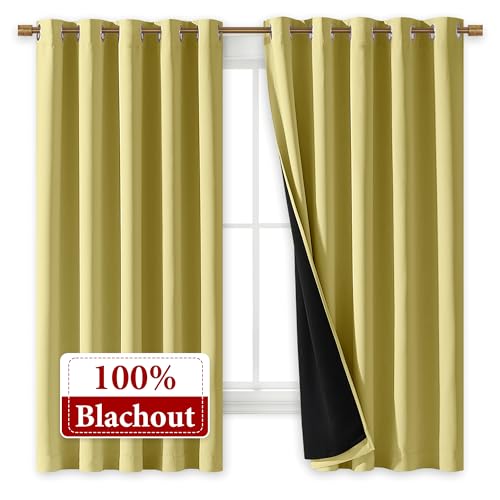 Image of NICETOWN 100% Blackout Curtains with Black Liners, Thermal Insulated Full Blackout 2-Layer Lined Drapes, Energy Efficiency Window Draperies for Bedroom (Paler Yellow, 2 Panels, 70-inch W by 63-inch L)