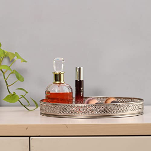 Image of Craft Brio -A TRENDY HANDICRAFTS Round Glass Mirror Gold Plated Tray Decorative Vanity Perfume Storage Pooja Wedding Gifting Display Laser Cutting Trays (25 X 3 H cm)