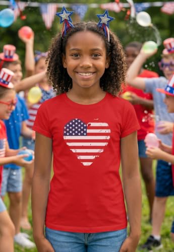 Image of Tstars Fitted Tee for Girls 4th of July Shirt | Patriotic American Cute Kids Heart Graphic Horse T-Shirt