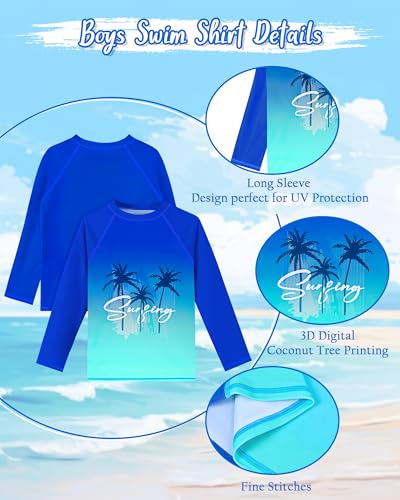 Image of Boys Rash Guard Swim Set with Swim Trunks Bathing Suit Long Sleeve Swim Shirt Quick Dry Swimsuit Kids Swimwear Size 7-16