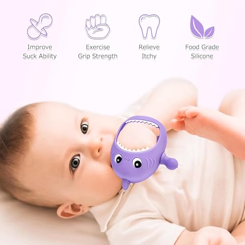 Image of Cute Shark Teething Mitten Toy for Babies, Never Drop Silicone Baby Teether, Hand Pacifier for Babies to Suck and Chew, (Purple)